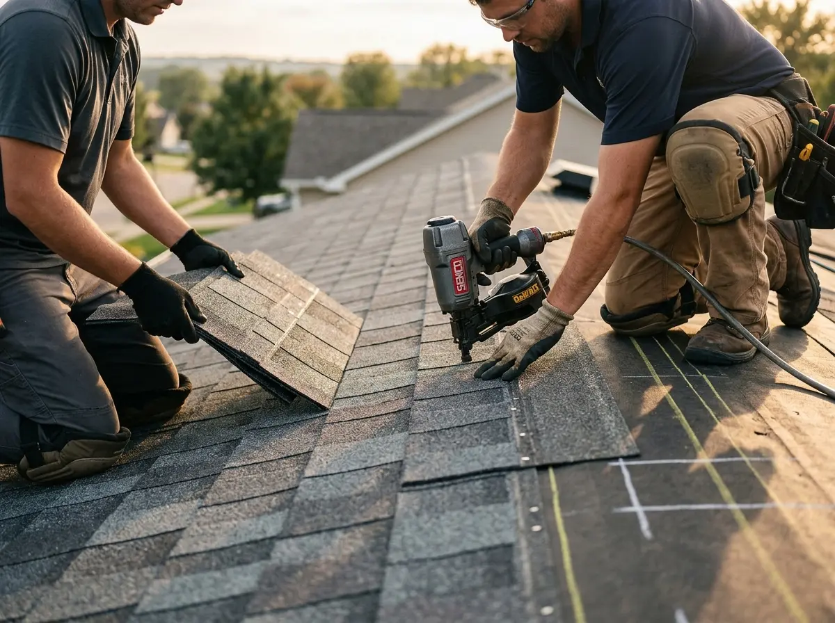 Professional roofer working on a residential roof in Brattleboro